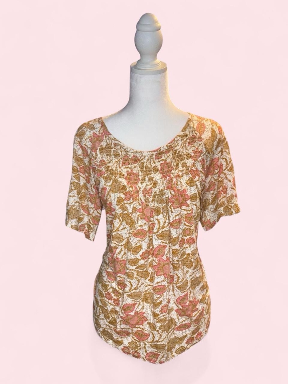 Floral Smocked Short-Sleeve Top in Pink and Tan